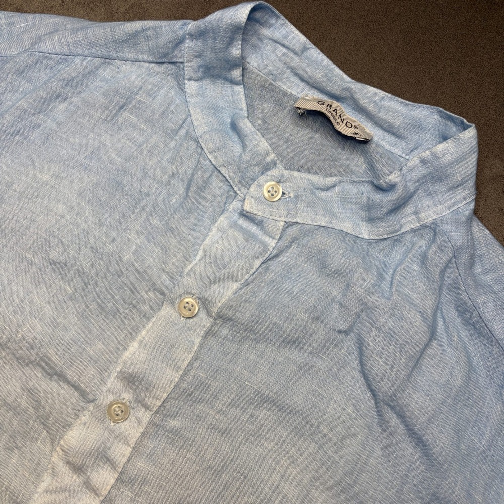 Grand Greece Linen Blouse Womens Medium Blue Ombre Henley Long Sleeve Tunic